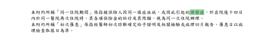 癌症險理賠併發症的條款敘述範例