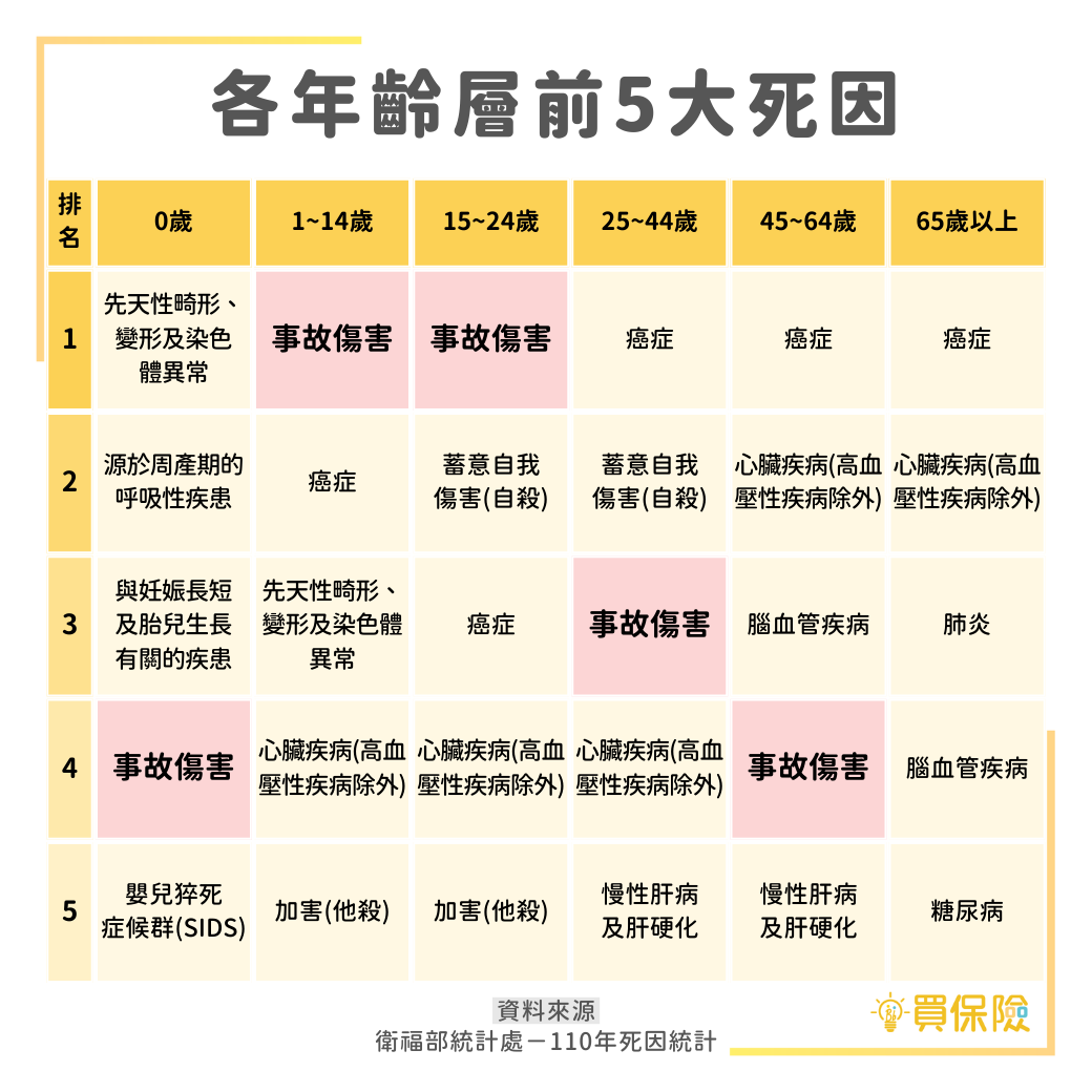 2023意外險商品推薦，各家保險公司意外險商品比較，各年齡層前5大死亡原因，1~24歲事故傷害死亡排名第一